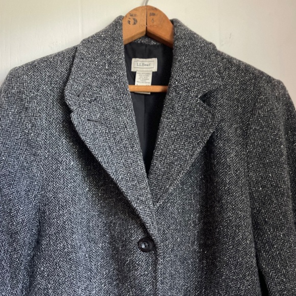 LL Bean Grey Herringbone Tweed Wool Silk Blazer Riding Jacket Heritage Classic - Picture 2 of 12